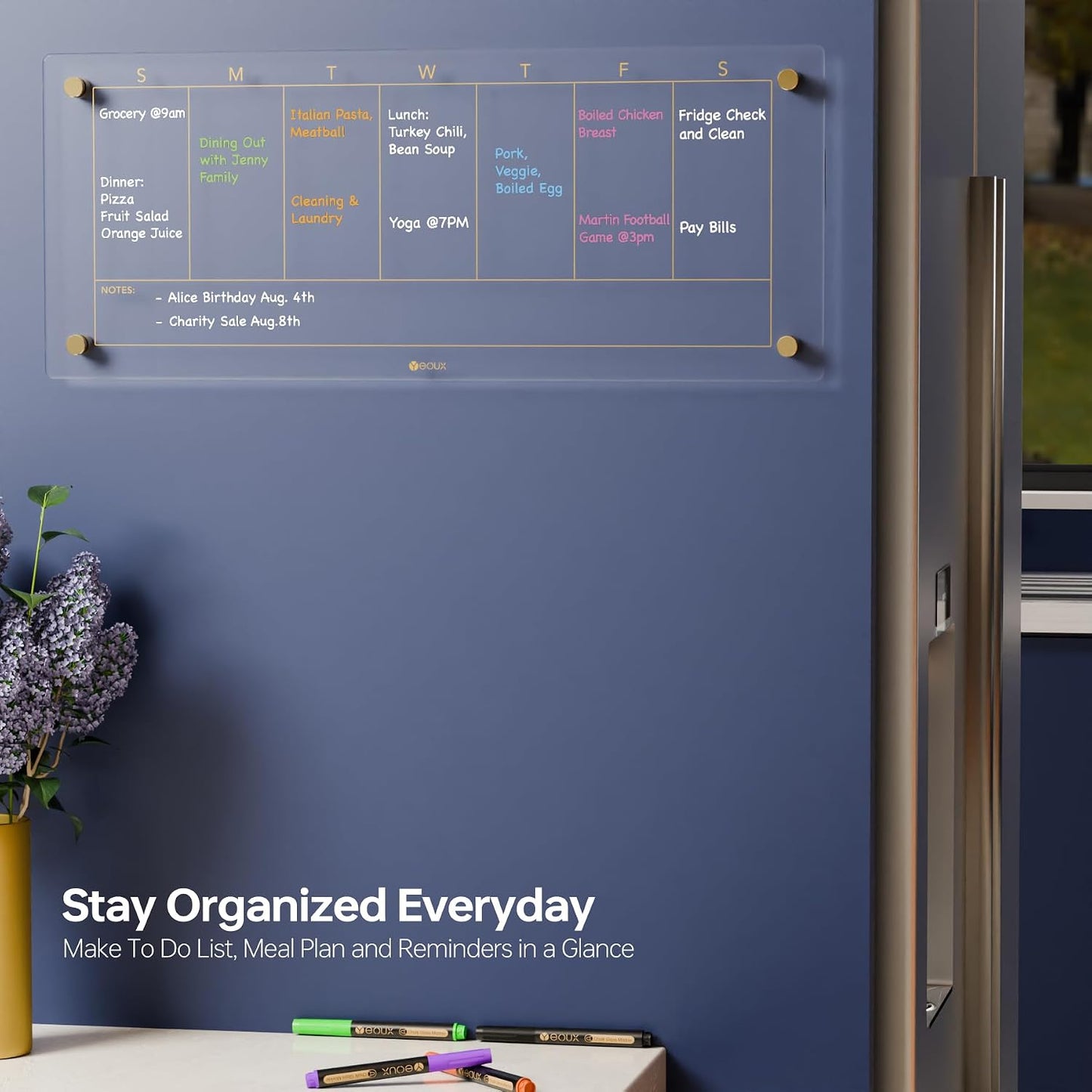Yeoux Black Glass Golden Weekly & Menu Dry Erase Calendar Board 15“x11