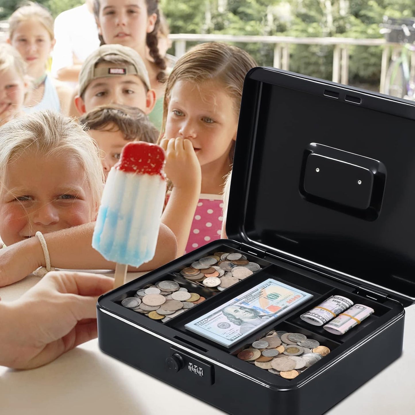 KYODOLED Cash Box with Combination Lock Safe Metal Money Box with Money Tray for Security Lock Box 7.87"x 6.30"x 3.35" Black