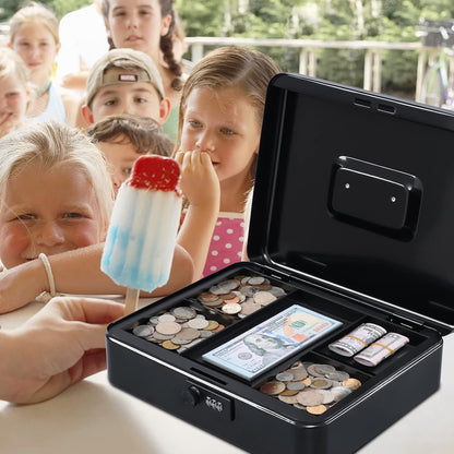 KYODOLED Cash Box with Combination Lock Safe Metal Money Box with Money Tray for Security Lock Box 7.87"x 6.30"x 3.35" Black