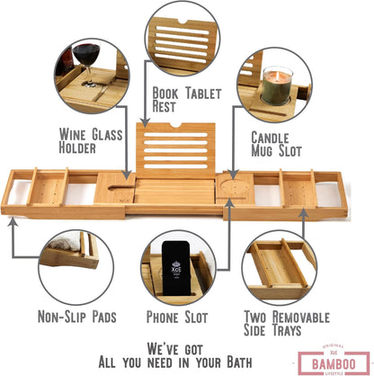 XcE Bamboo Bathtub Caddy Tray - Expandable to 41 Inches with Book Stand, Soap Holder & Anti-Slip Pads for Luxury Bath Spa, Brown