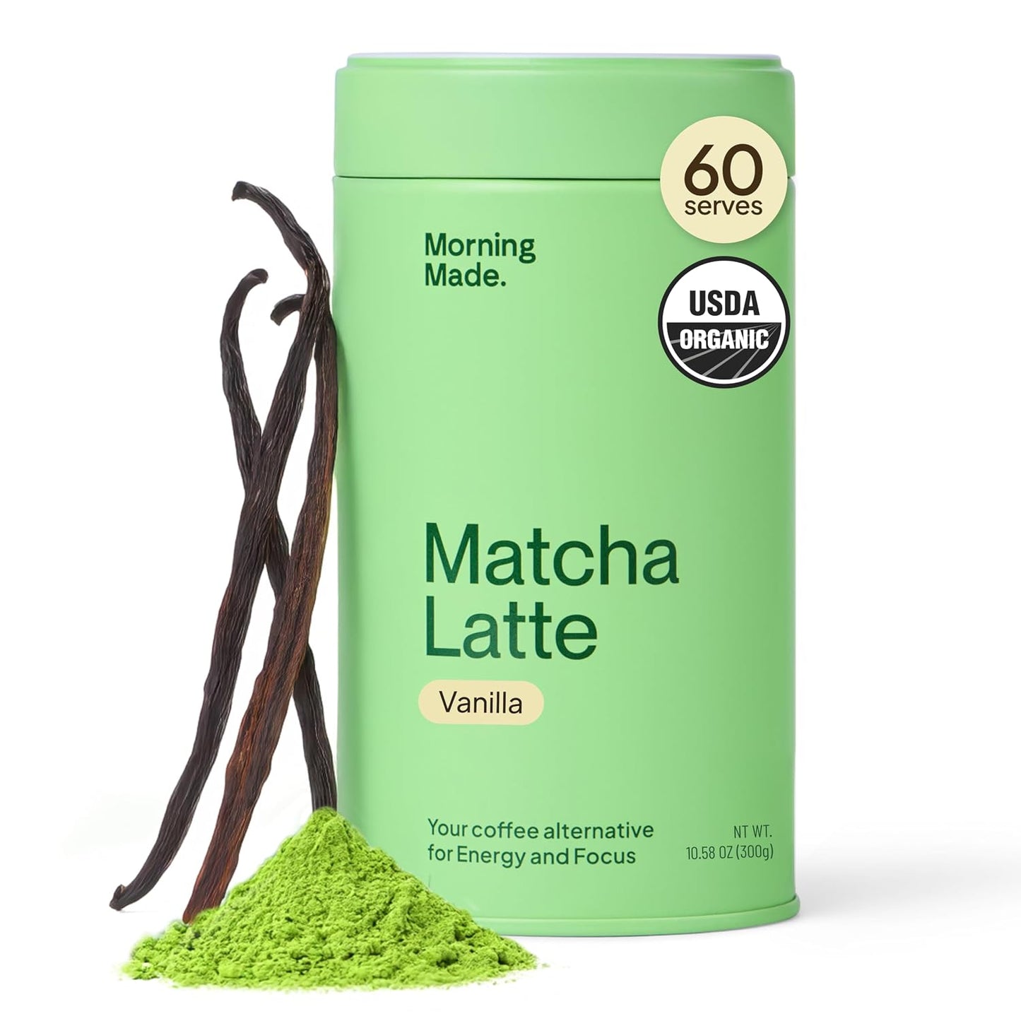 Morning Made Vanilla Ceremonial Grade Matcha Powder - USDA Organic Japanese Green Tea Matcha Powder from Uji Japan - Vegan, Gluten-Free, Resealable Tin (10.6 oz, 60 Servings)