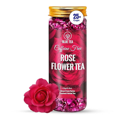 BLUE TEA - Rose Tea - 0.88 Oz (25 Cups) Loose | Rich in Vitamin-C - For Hair & Skin | Natural Sun Dried | Caffeine Free - Flower Based - Herbal Tea - Vegan | Pet Jar