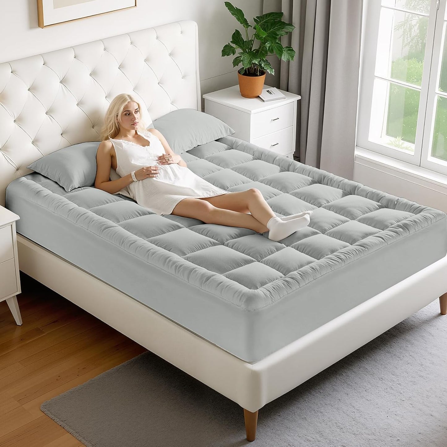 MATBEBY Queen Size Mattress Pad - Cooling Breathable Mattress Topper, Quilted Fitted Mattress Protector, Pillow Top Mattress Cover with 8-21" Deep Pocket, Soft, Machine Washable, White, 60x80 Inches