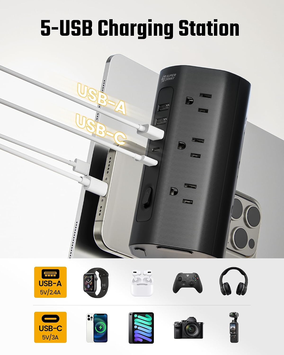 10Ft Tower Power Strip, Long Extension Cord, Flat Plug, 1700J, 12 AC 5 USB