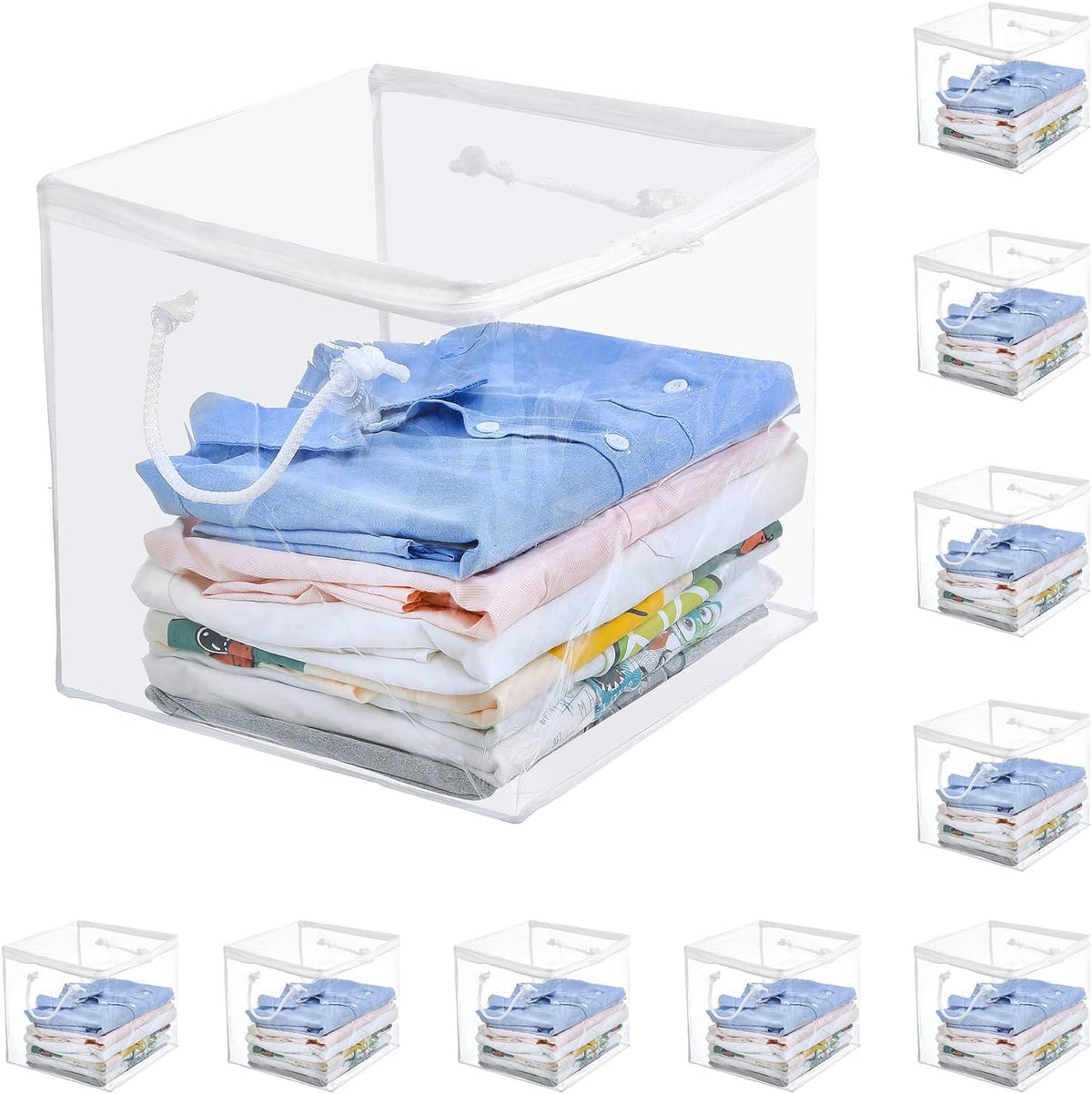 10-Pack Clear Zippered Storage Bags with Handles, Two-Way Zipper Foldable Closet Organizer, Bed Sheet Organizer, Plastic Storage Bin for Clothes, Towels