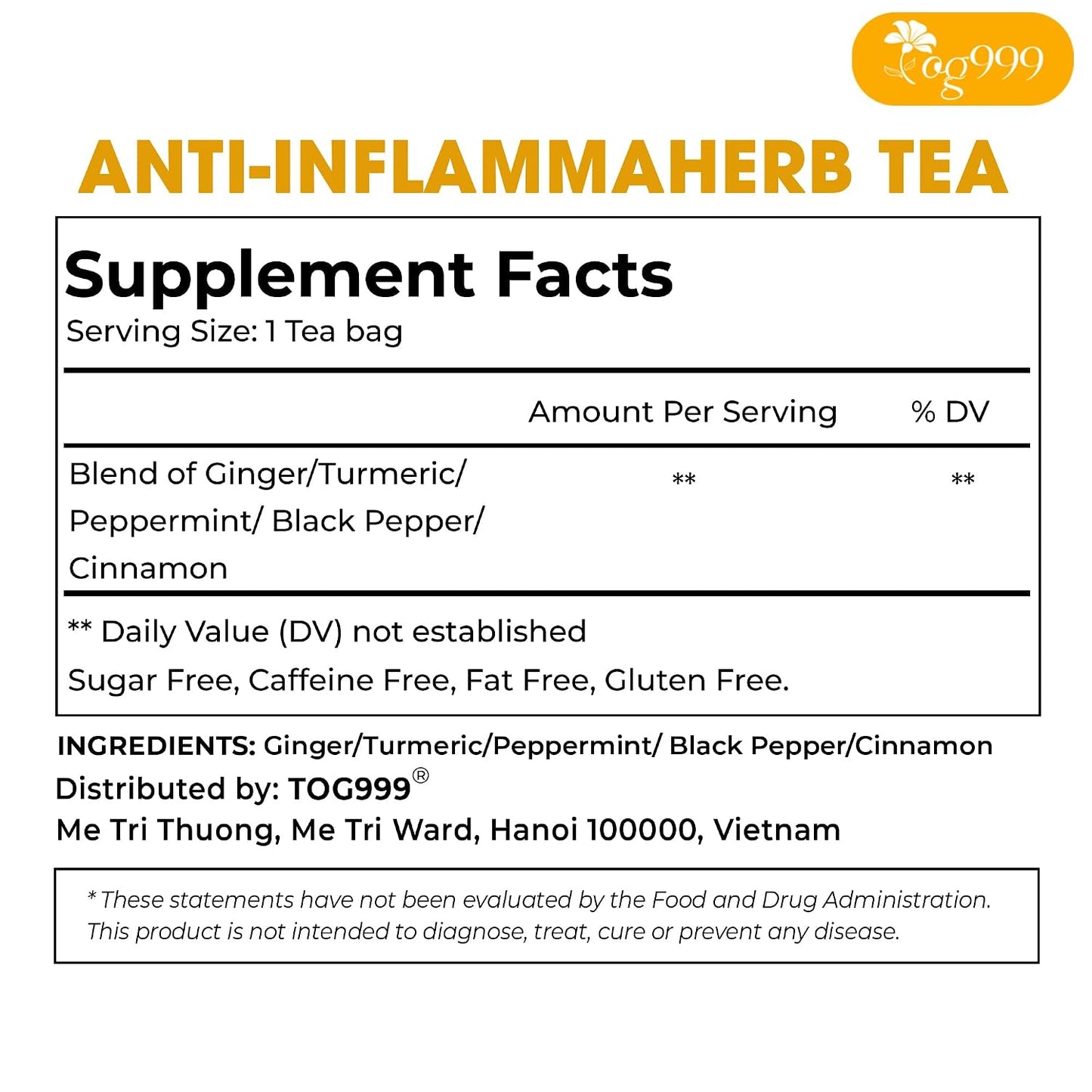 120 Bags Premium Turmeric Ginger Cinnamon Tea, Improve Digestion, Support Brain, Weight, Skin and Sleep, Eco-Conscious Tea Bags and Premium Natural Ingredients. Turmeric Ginger Herbal Tea. No Sugar, No Caffeine, No Gluten, Vegan.