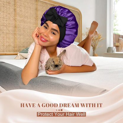 Satin Bonnet for Sleeping Cap Double Layer Hair Bonnet with Elastic Tie Band for Curly Hair Night Cap (Bean Paste + Pink)