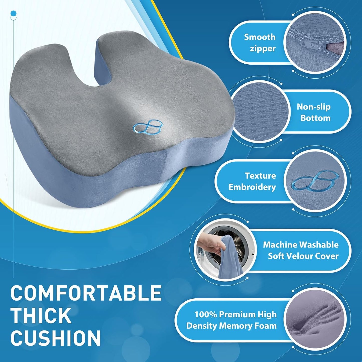 BlissTrends Seat Cushion with Velvet Cover, Thick Memory Foam Cushions for Office Chair, Car Seat, Airplane, Relieving Pressure Tailbone Sciatica Back Pain for Long Sitting, Car Drivers 4.7in Black