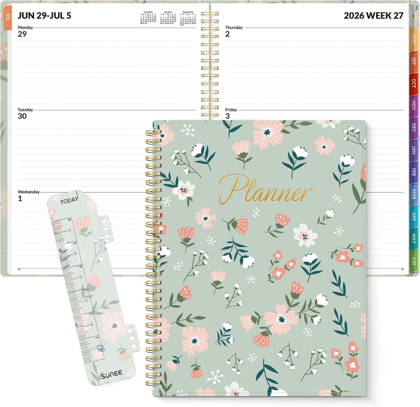 SUNEE Academic Planner 2026-2027 – Weekly & Monthly Planner, July 2026 to June 2027, 6.4"x8.3", Thick Paper, Tabs, Pockets, Bookmark, Spiral-Bound, Student Teacher Organizer, Black