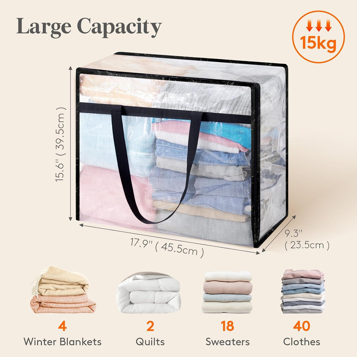 Lifewit Clear Storage Bags, 45L Clothes Organizer with Zipper
