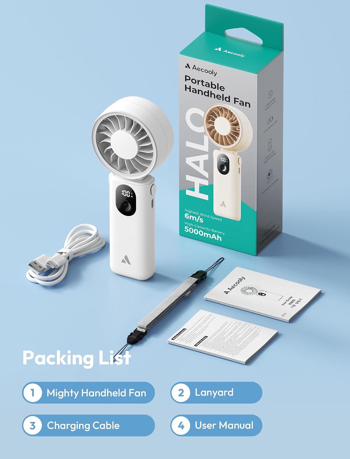 Aecooly Mighty Portable Handheld Fan | 20H Max Cooling | 3 Flexible Modes