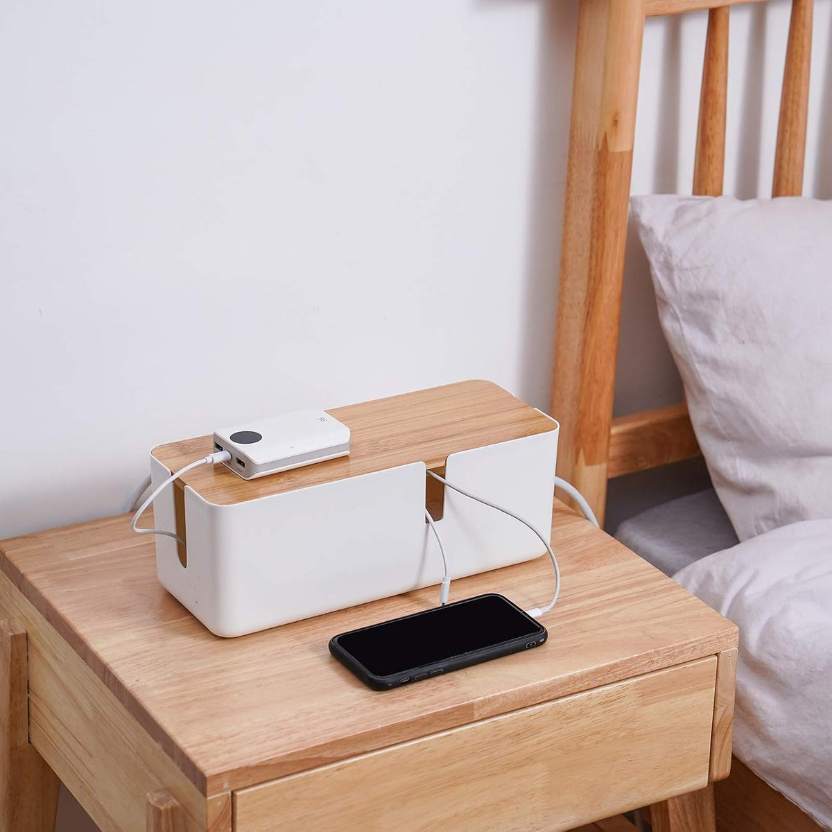 Changsuo Small Cable Management Box with Bamboo Lid for Extension Cord Power Stripe Surge Protector Wire Concealer Organizer Cover Hider (White)