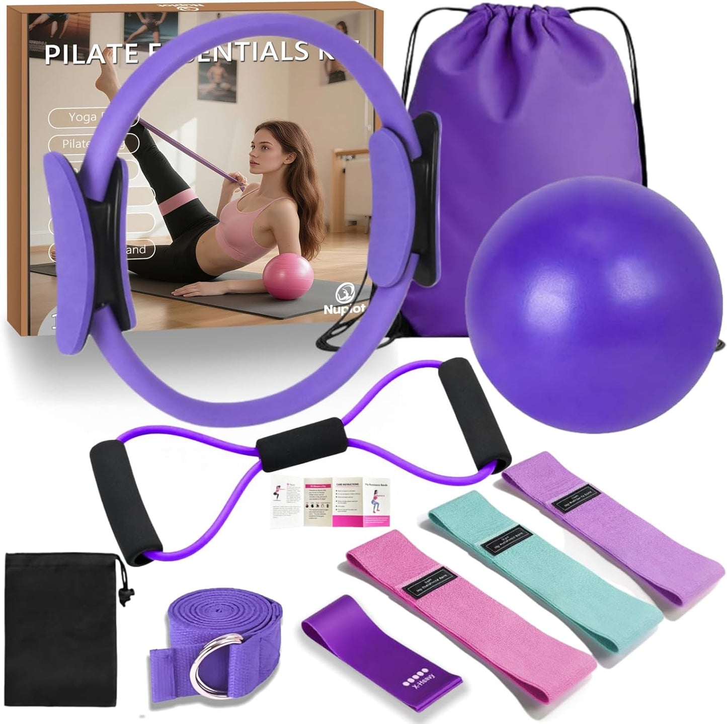 Nuplot Pilates Equipment, Pilates Kit for Home Workouts, Pilates Essentials Kit for Women, Home Pilates Kit with Pilates Ring and Ball Set, Booty Bands, Figure 8 Resistance Band, Yoga Band