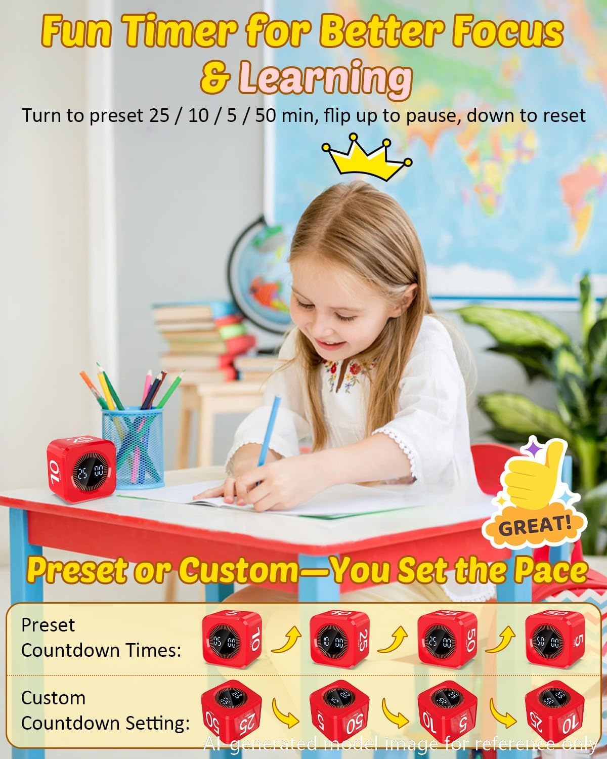 Digital Pomodoro Timer Cube 5/10/25/50min, Visual Productivity Flip Timer for Kids Classroom Desk, Custom Countdown, Silent and Sound Mode for ADHD Study Work Game Kitchen (Orange)
