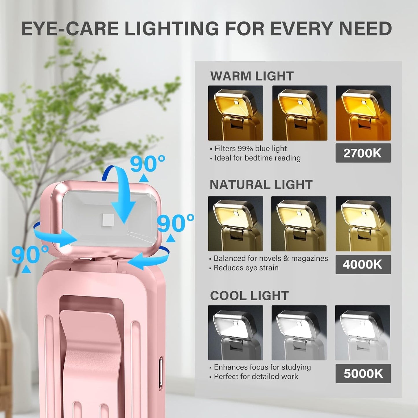 KTEBO 2 Pack Rechargeable Book Light Clip-On Reading Light for Books in Bed | 9 eye-friendly modes from 3 color temperatures and 3 brightness, USB-C up to 30 hrs - Black & Black