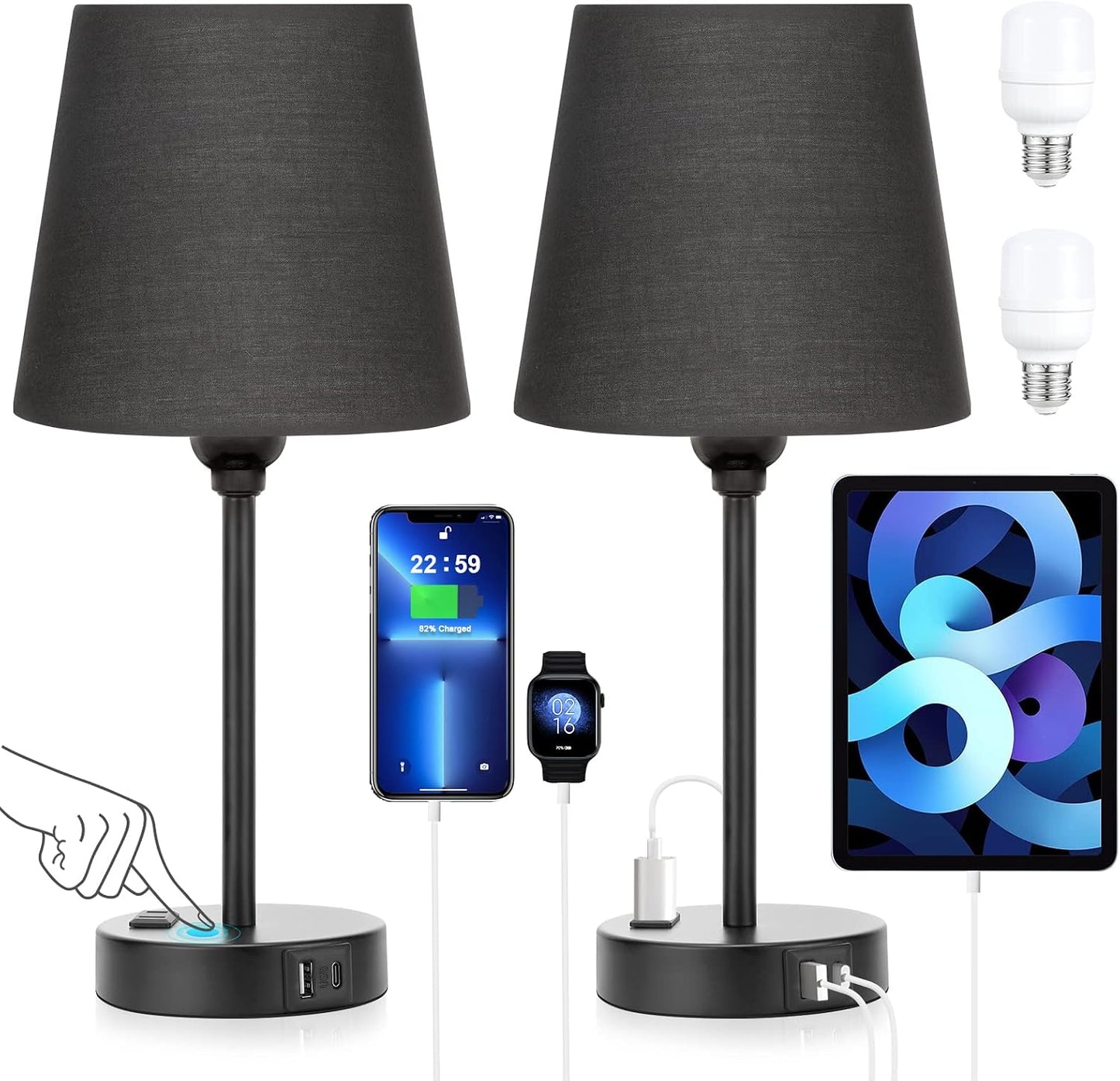 Mini Bedside Lamps for Bedrooms Set of 2 - Nightstand Bedroom Lamps with USB C Port and AC Outlet Charging, Dimmable Touch Small Bed Side Table Lamp, Black Night Stand Light for Kids/Guest Room