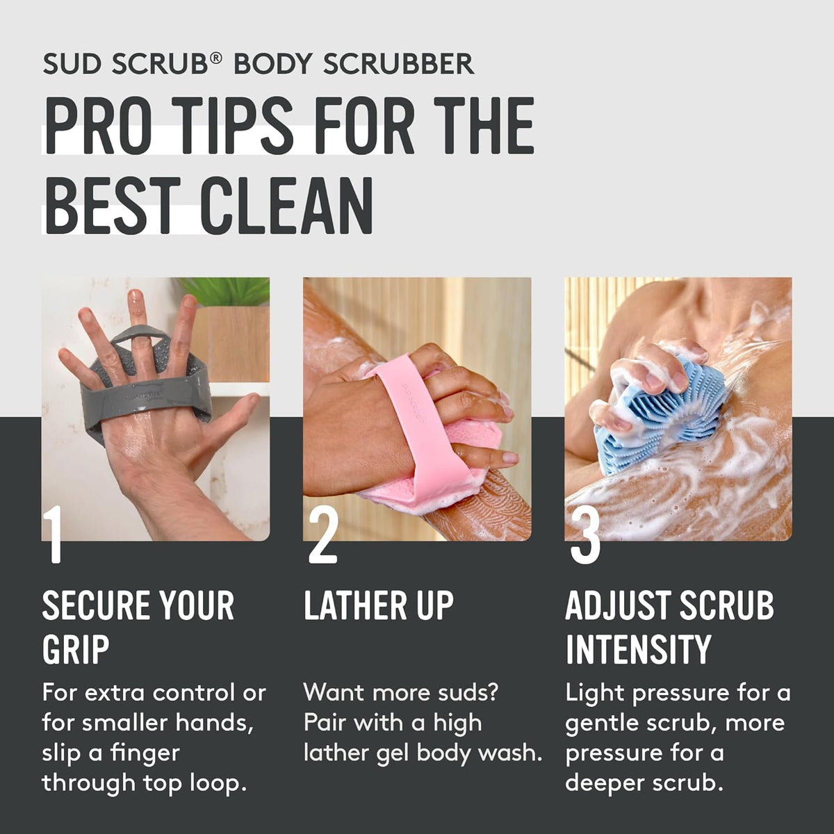 Sud Scrub® Antimicrobial Silicone Body Scrubber, Exfoliating Body Brush for Sensitive Skin, Antibacterial Shower Scrubber for Body, Bathroom Essentials for Men & Women, Charcoal