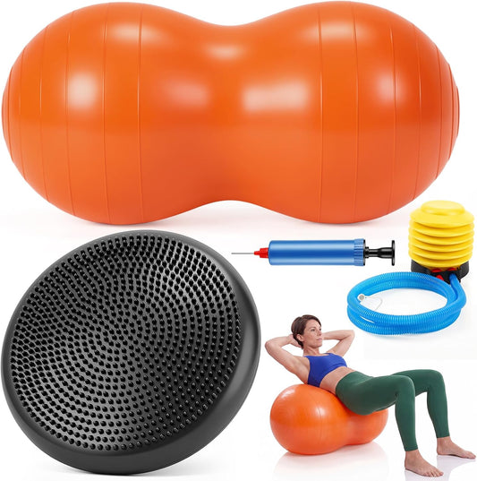2 Pcs Peanut Ball and Wobble Cushion with Pump Set, Sensory Balance Disc Wiggle Seat for Kids and Adults, Flexible Seating for Exercise Physical, Child Training, Yoga