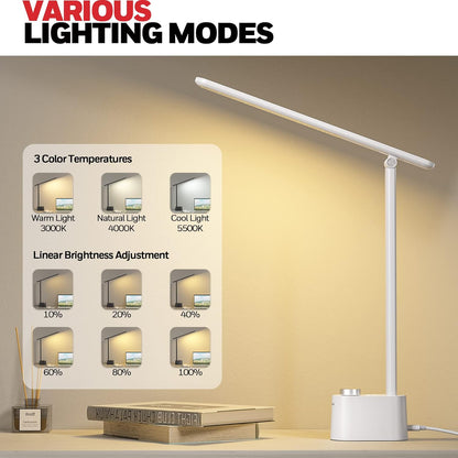 Honeywell Sunturalux™ LED Desk Lamp with USB Charging Ports HWT-H01 - Stepless Dimmable Eye Caring Desk Light for Home Office Bedroom Bedside College Dorm, Foldable Table Lamp Reading Lamp Black