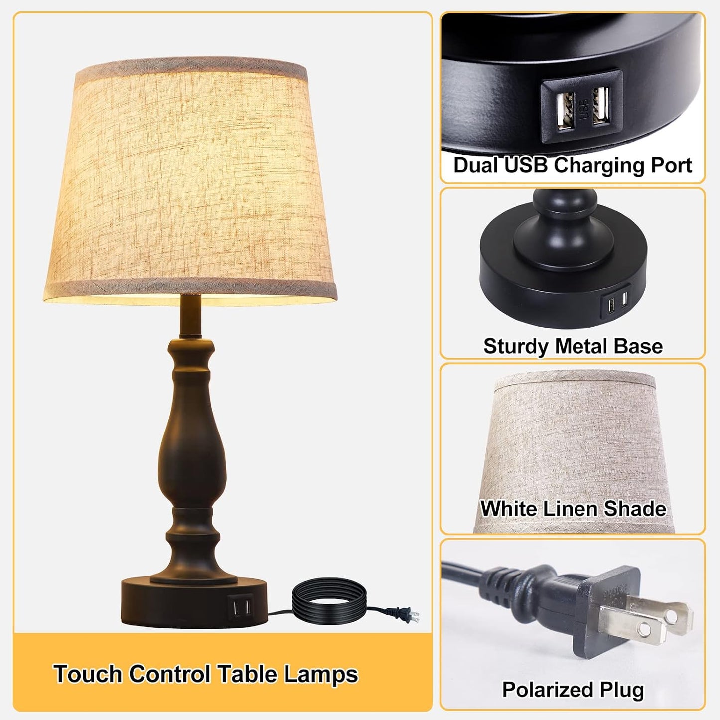 EJIAXIN Lamps for Bedrooms Set of 2, Brushed Nickel Bedside Lamps with USB C+A Ports,Dimmable Nightstand Lamps with Fabric Lampshade, Touch Table Lamp for Living Room Bedroom Office, Bulbs Included