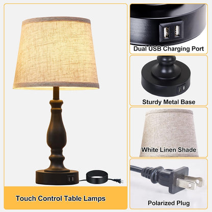 EJIAXIN Lamps for Bedrooms Set of 2, Brushed Nickel Bedside Lamps with USB C+A Ports,Dimmable Nightstand Lamps with Fabric Lampshade, Touch Table Lamp for Living Room Bedroom Office, Bulbs Included