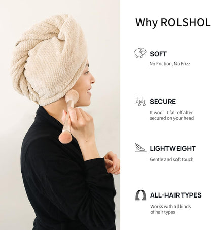 ROLSHOL Extra Large 4 Pack Microfiber Hair Towel Wrap for Women Super Absorbent & Quick Dry Hair Drying Towels with Button, Hair Turbans for Curly Hair Long & Short Hair - Anti-Frizz