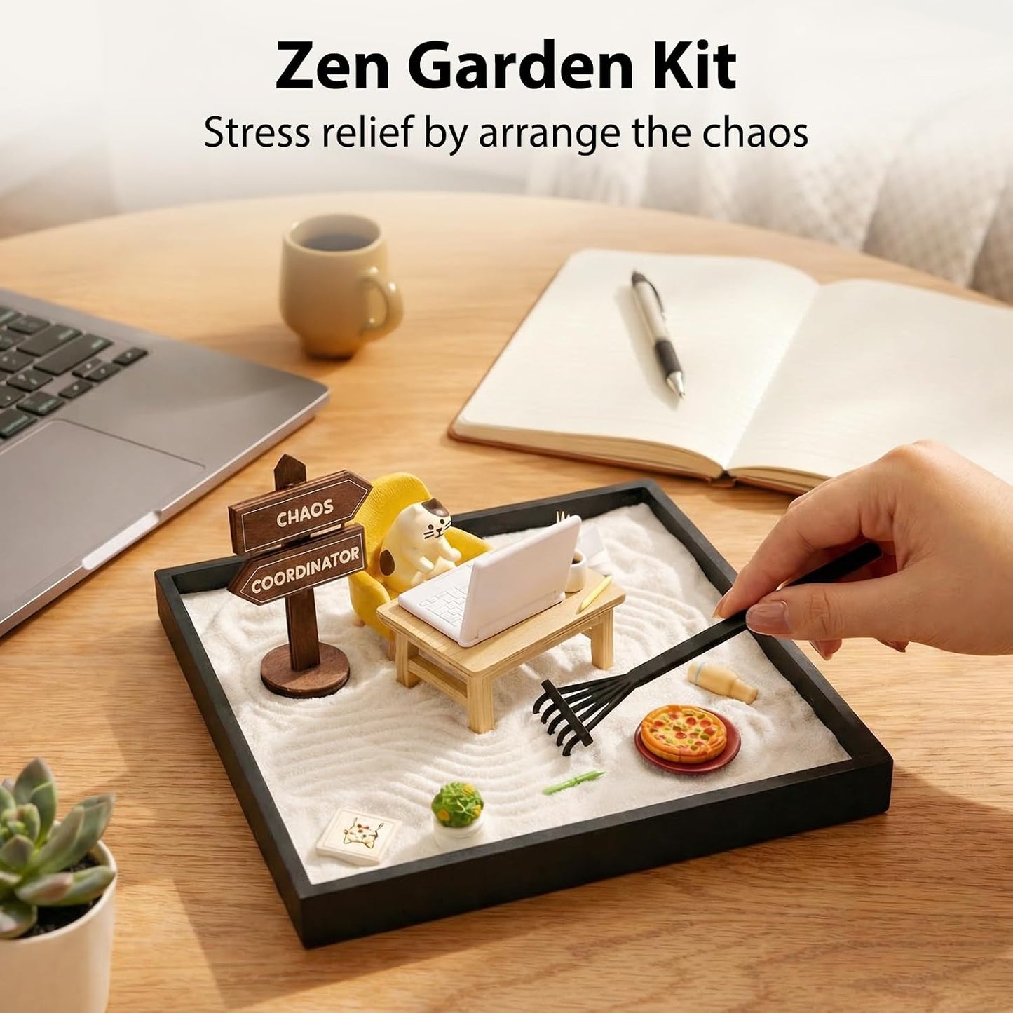 Zen Garden Funny Mini Desktop Decor Sand Box Kit Accessory Stress Relief Gifts for Office Coworkers, Friends, Family