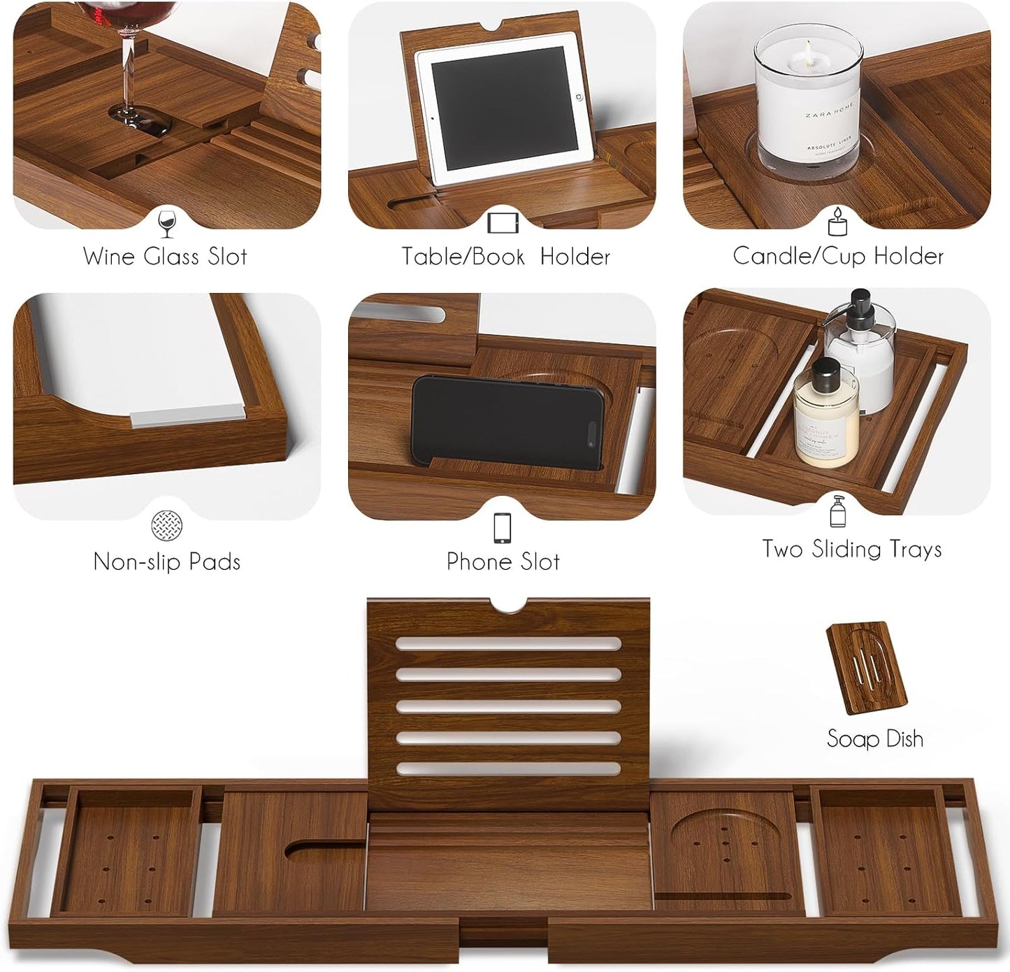 Premium Foldable Teak Bathtub Tray, Expandable Bath Tray for Tub, Luxury Bathtub & Bathroom Accessories