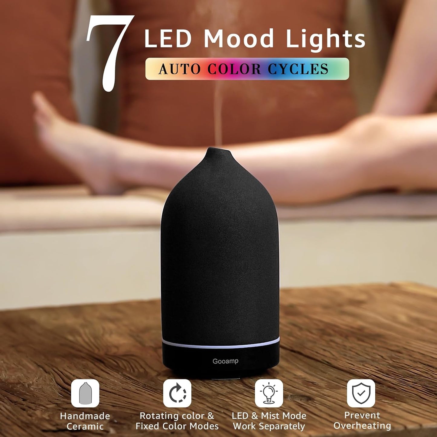 Gooamp 200ML Ceramic Essential Oil Diffuser for Home - Ultrasonic Aromatherapy Diffuser Humidifier with 7 Color LED Lights, Auto Shut-Off, 3 Timers for Bedroom, Office, Yoga, Black