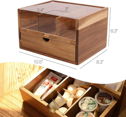 HTB Acacia Wood Tea Bag Organizer Storage, Gift Box 6 Compartments Tea Chest Box with Acrylic Transparent Hinged Lid