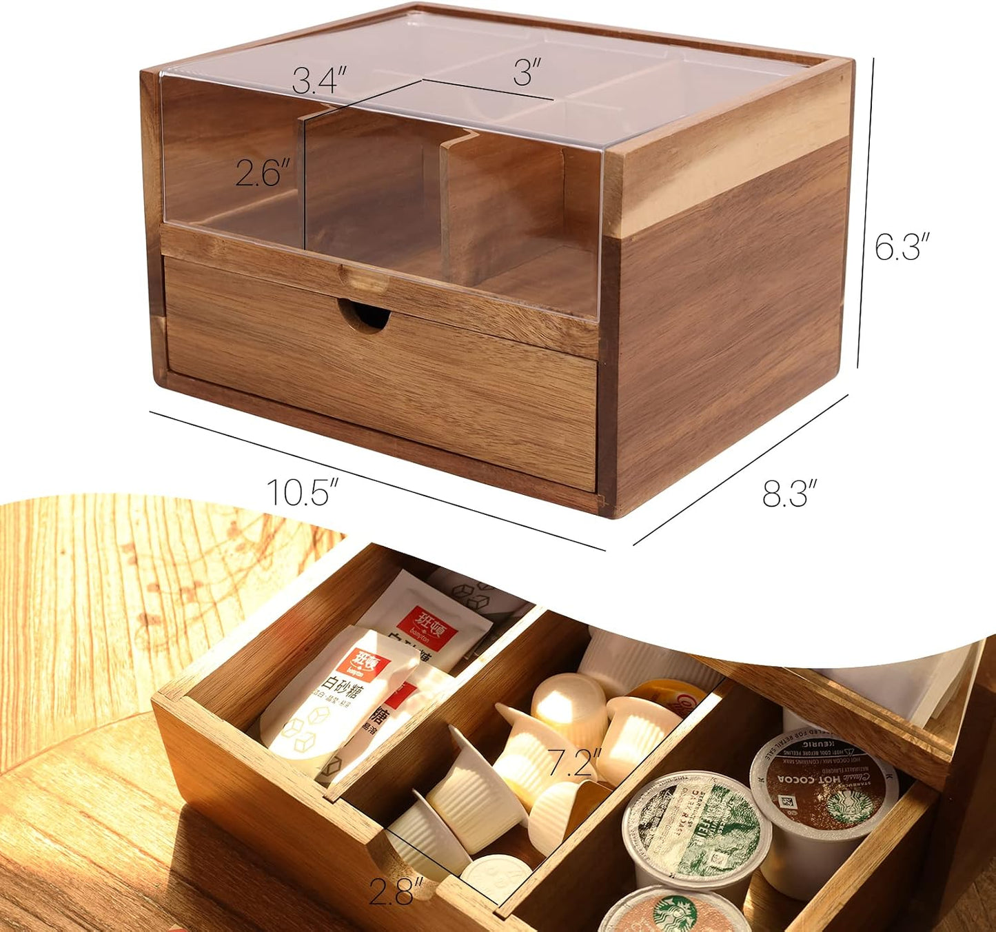 HTB Acacia Wood Tea Bag Organizer Storage Box with 6 Compartments