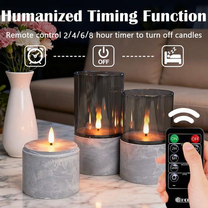 LEDHOLYT Rechargeable Flameless Glass Pillar Candles–Gifts for Women,–Set of 3, Realistic Flickering LED Flame,Remote & Timer, Ideal for Living Room, Bedroom & Halloween Festival Home Party Decor