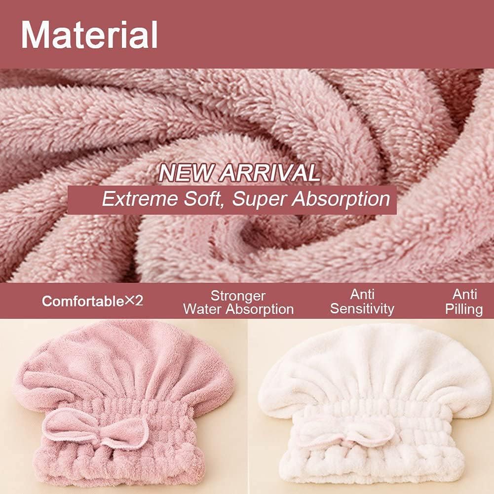 Jseng 2PC Microfiber Hair Drying Caps, Extrame Soft & Ultra Absorbent, Fast Drying Hair Turban Wrap Towels Shower Cap for Girls and Women