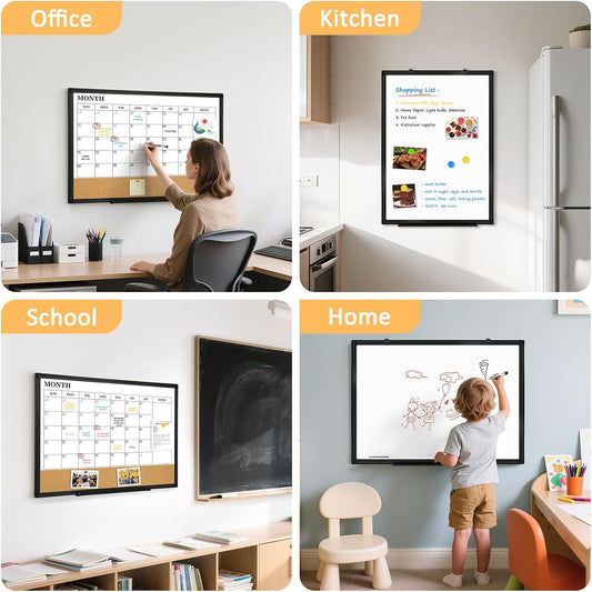Dry Erase Calendar Whiteboard for Wall, 24"x18" Magnetic Monthly White Board Cork Board Combo, Double Sided, Aluminum Frame, Wall Hanging Wipe Board for Home, Office, School, Dorm