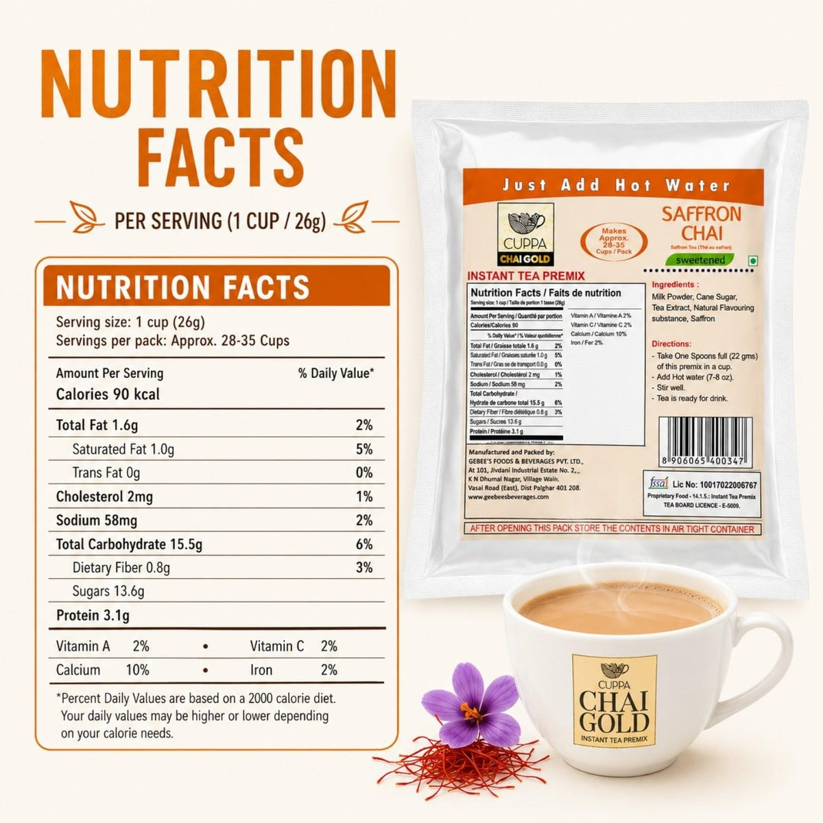 Chai Gold Instant Chai Tea Premix Powder - Sweetened Milk Tea Latte Mix for Home and Beverage Dispensers - [500g / 1.1 lb Bulk Bag] (Kadak)