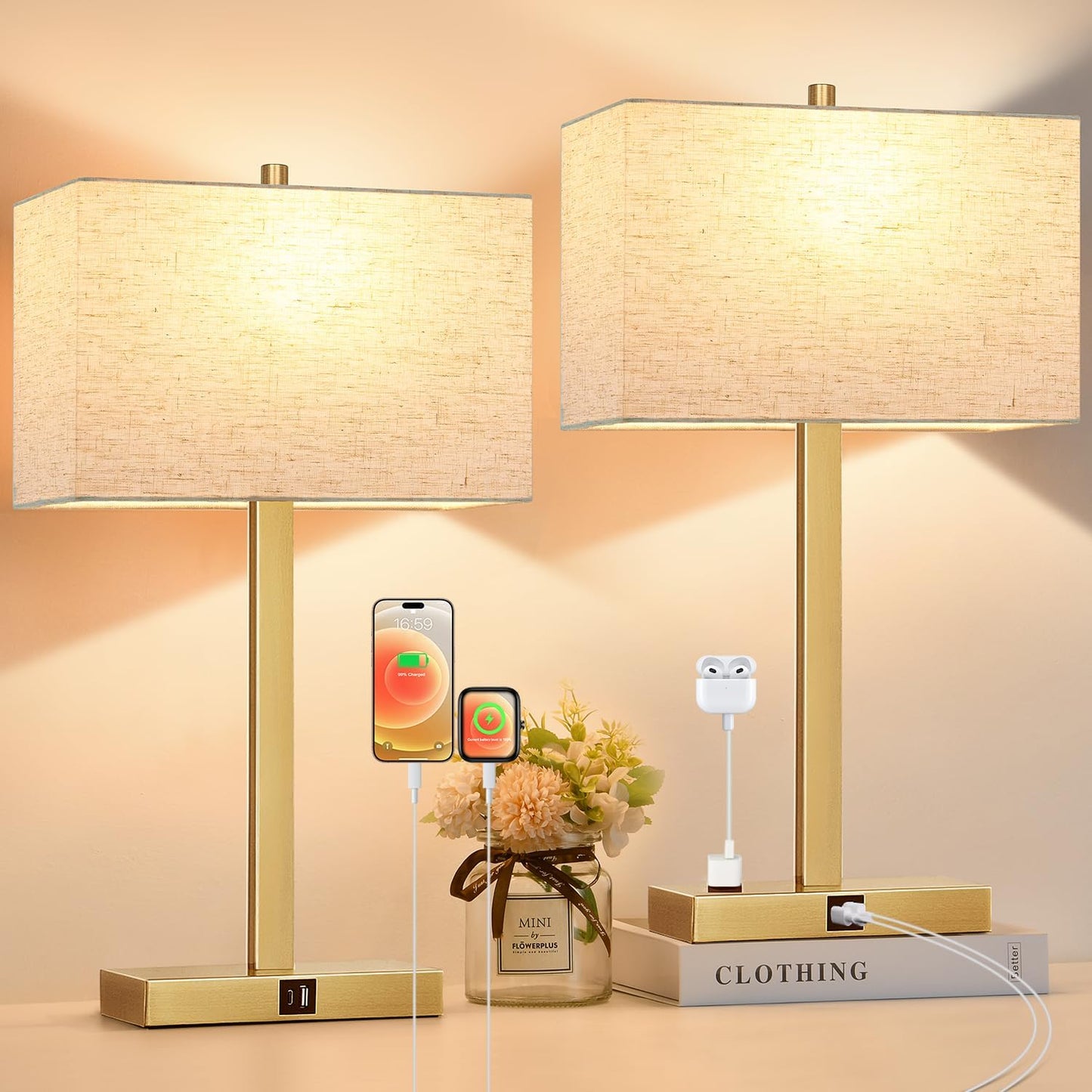 21" Touch Bedside lamps with 2 USB & AC Outlets, 3-Way Dimmable Bedside Table Lamps Set of 2 for Bedroom Living Room Office Reading, Gray Shade Lamps for Night Stands, 5000K LED Bulbs Included