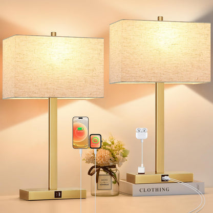 21" Touch Bedside lamps with 2 USB & AC Outlets, 3-Way Dimmable Bedside Table Lamps Set of 2 for Bedroom Living Room Office Reading, Gray Shade Lamps for Night Stands, 5000K LED Bulbs Included