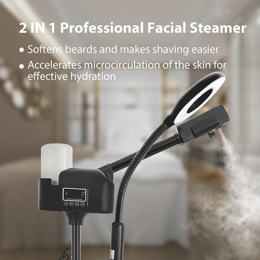 Professional Facial Steamer 3 in 1 Steamer for Face with Hot & Cold Nozzle 5X LED Magnifying Lamp Facial Steamer for Esthetician Beauty Face Equipment Use at Home or Salon