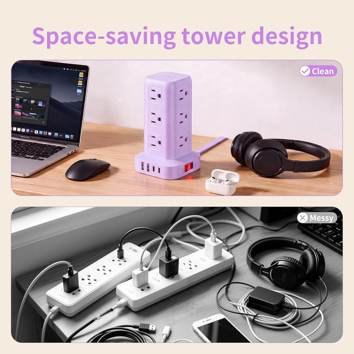Extension Cord with Multiple Outlets, SMALLRT Power Strip Tower, Outlet Extender with 12 AC Outlets 4 USB, 6.5FT Extension Cord for Home Dorm Room, Office Supplies,Overload Protection