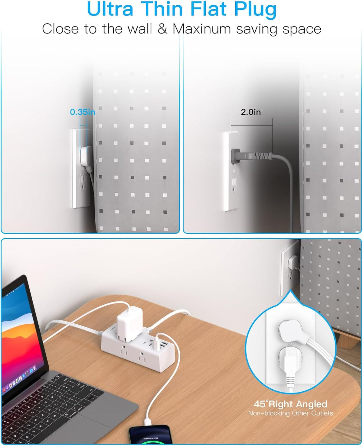 One Beat 10Ft Extension Cord with Multiple Outlets,Flat Plug Power Strip