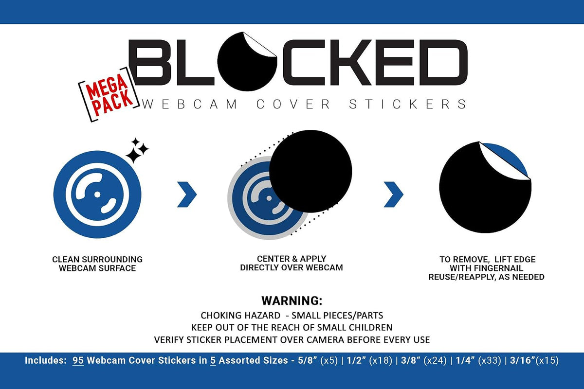 Blocked Original Vinyl Webcam Cover Stickers | Restickable & Stackable Privacy Covers | for All Camera-endable Devices | 3-Sizes | 57 Black Tabbed (Muted Matte)