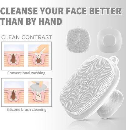 Back Scrubber for Shower & Face Scrubber, 2Pcs Silicone Exfoliating Brush Set with 17In Long Handle, Soft Body & Facial Cleansing Scrubber for Men Women