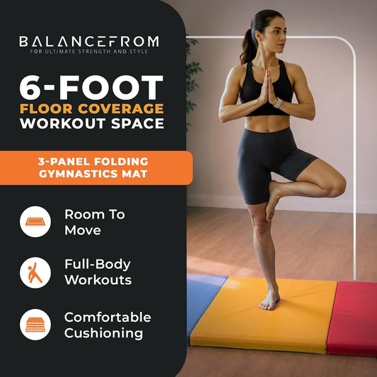 BalanceFrom 6x2 Feet 3-Panel Folding Gymnastics Mat – 2-Inch Thick Pad with Vinyl Surface and Carrying Handles for Tumbling, Yoga, Pilates, Home Workouts, and Martial Arts