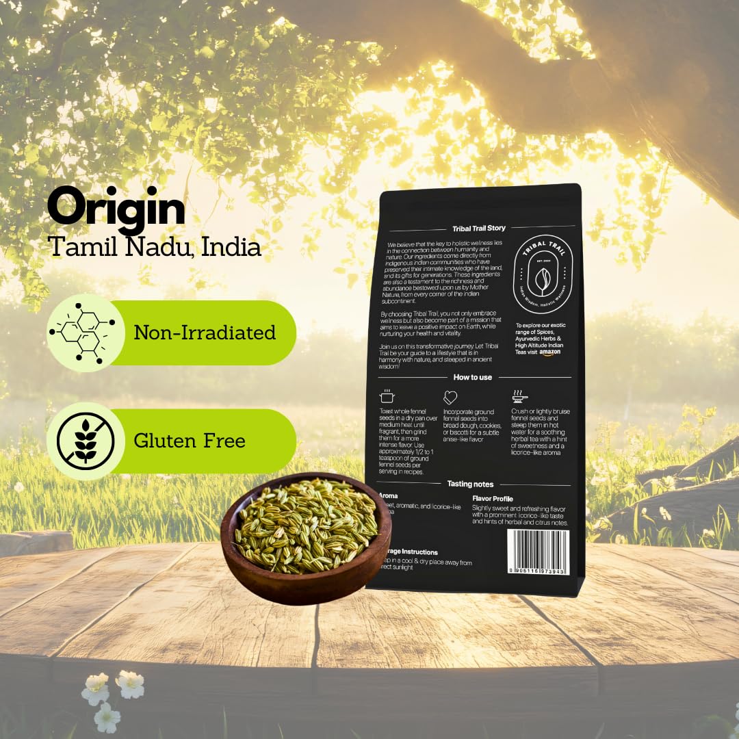 Tribal Trail Fennel Seeds Organic | 4.02 oz | USDA Organic & Non-GMO | Recyclable Kraft Bags | Best for Tea, Smoothies & Cooking | Ethically Sourced Spices from South India