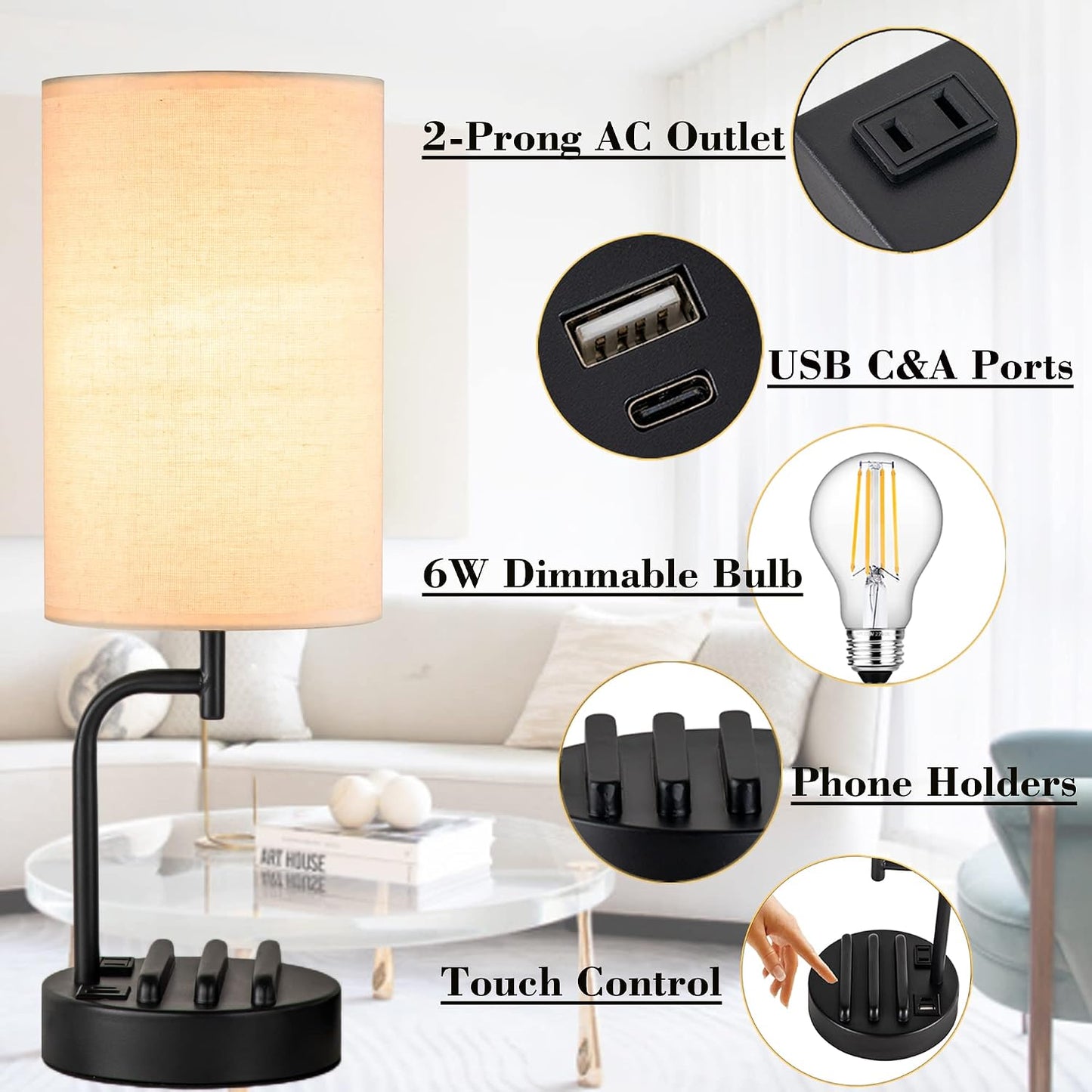 Dreamholder Touch Control USB Table Lamp, Upgraded 3-Way Dimmable Bedside Desk Lamp with USB C & A Charging Ports and AC Outlet, Nightstand Lamp for Bedroom, Dimmable Bulb Included, Gold