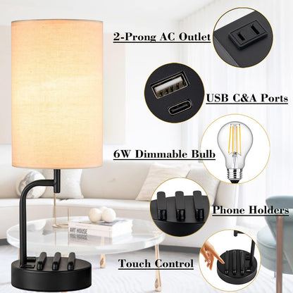 Dreamholder Touch Control USB Table Lamp, Upgraded 3-Way Dimmable Bedside Desk Lamp with USB C & A Charging Ports and AC Outlet, Nightstand Lamp for Bedroom, Dimmable Bulb Included, Gold