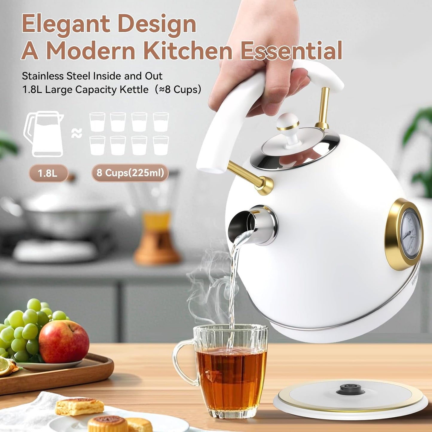 Rasonic Retro Electric Kettle Stainless Steel, 1.8L Tea Water Boiler, 1500W Fast Quiet Boil, Temperature Gauge, Auto Shut-Off, Boil-Dry Protection, Matt Black and Rose Gold