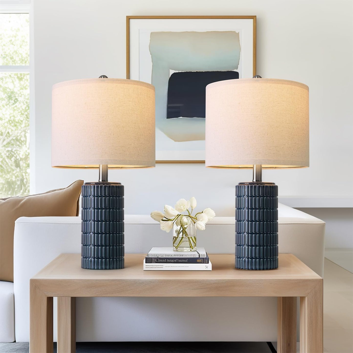 PoKat 20.75" Small Modern Ceramic Table Lamps Set of 2 for Bedroom, White Bedside Lamps for Night Stands, Farmhouse Desk Home Decor Gift Nightstand Table Lamps for Living Room End Table Beige