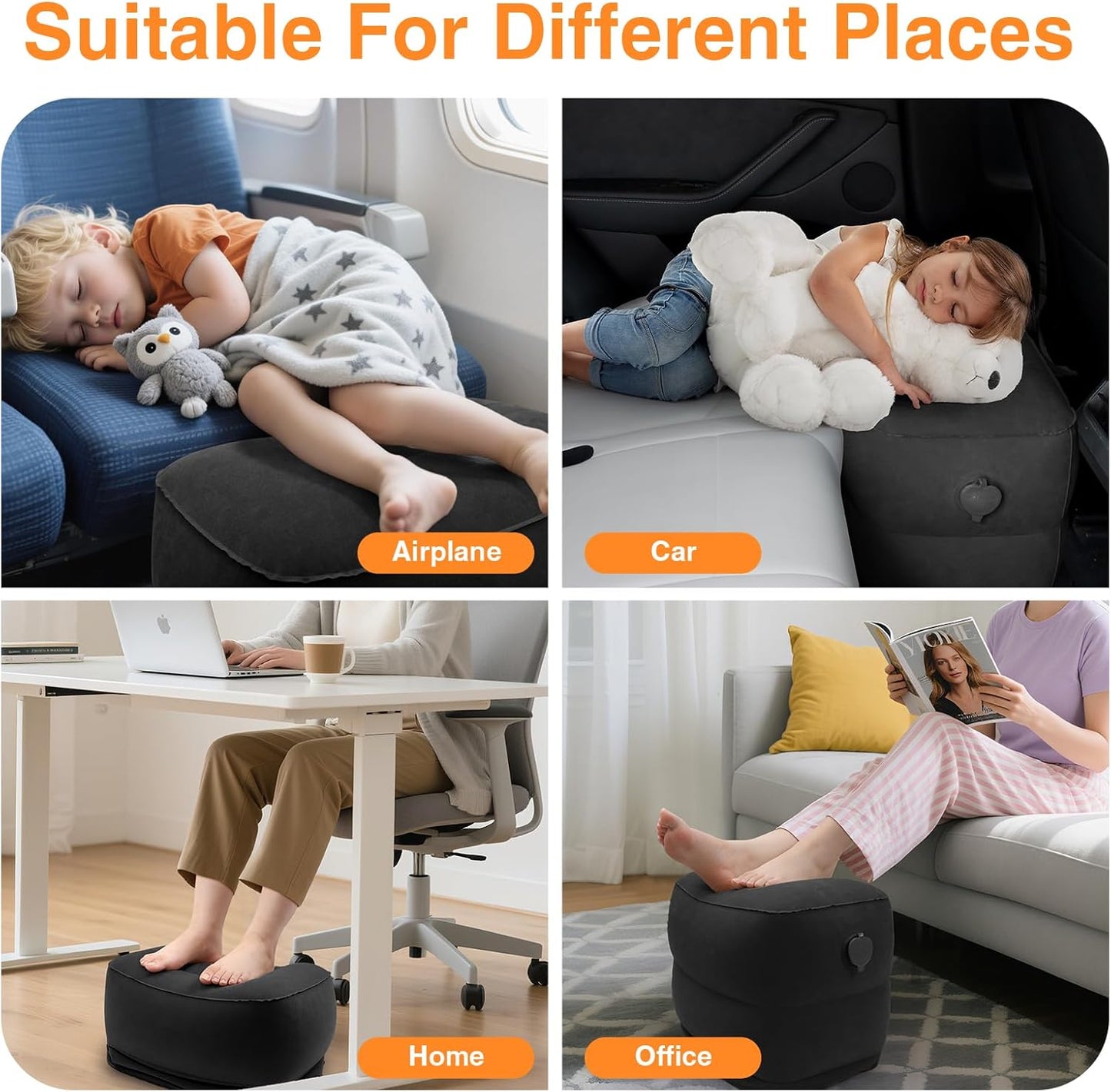 Maliton Inflatable Foot Rest Pillow for Travel,Kids Airplane Bed,Adjustable 3 Layers Height Leg Pillow of Air Travel Essentials,Car, Office, Home - Fast Inflation (Grey)