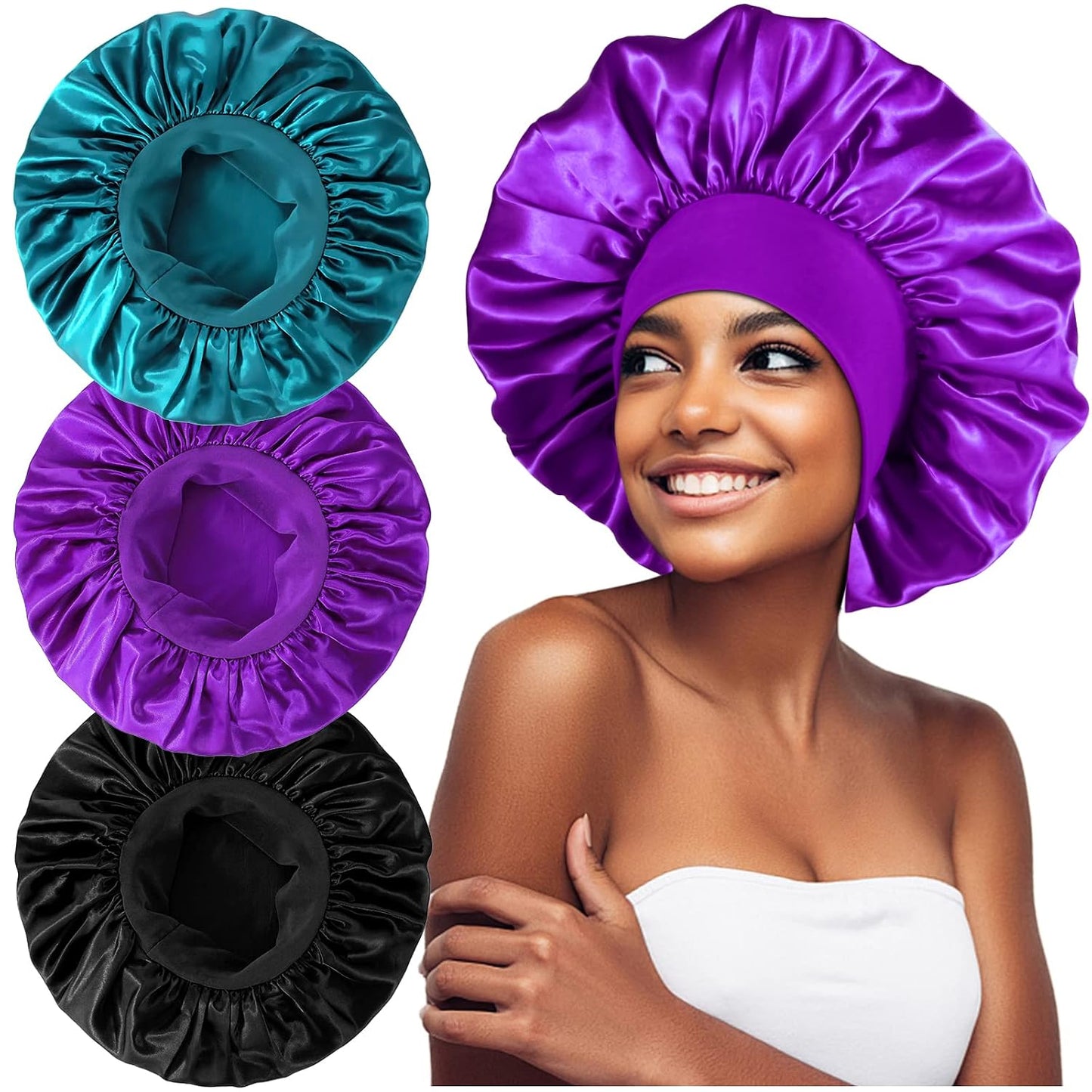 3PCS Extra Large Satin Bonnets for Sleeping, Hair Bonnets for Black Women Braids Curly Hair, C